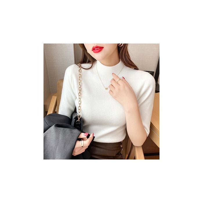 Half Turtleneck Mid-Sleeve Bottoming Shirt For Women, Slim-Fitting Short-Sleeved Spring & Fall New Style, Western-Style Shirt, Three-Quarter Sleeve Pure Color Sweater - Image 1