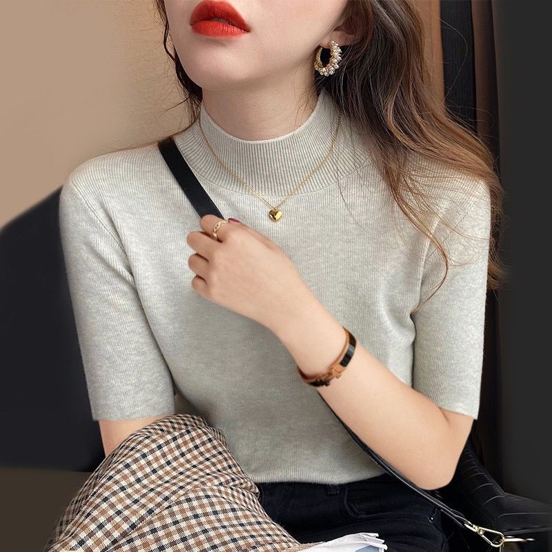 Half Turtleneck Mid-Sleeve Bottoming Shirt For Women, Slim-Fitting Short-Sleeved Spring & Fall New Style, Western-Style Shirt, Three-Quarter Sleeve Pure Color Sweater - Image 2