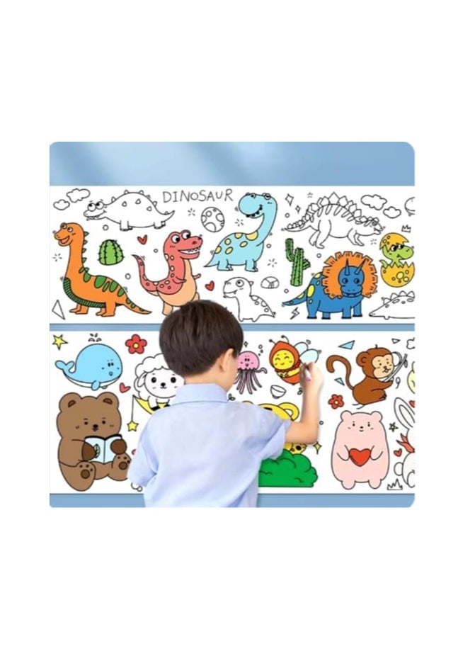 Coloring paper roll, graffiti wrapping paper for home and classroom use, 220 × 30 cm with 8 paint colors, one paintbrush, and 2 glitter glues, made of premium safe paper (girl 2)