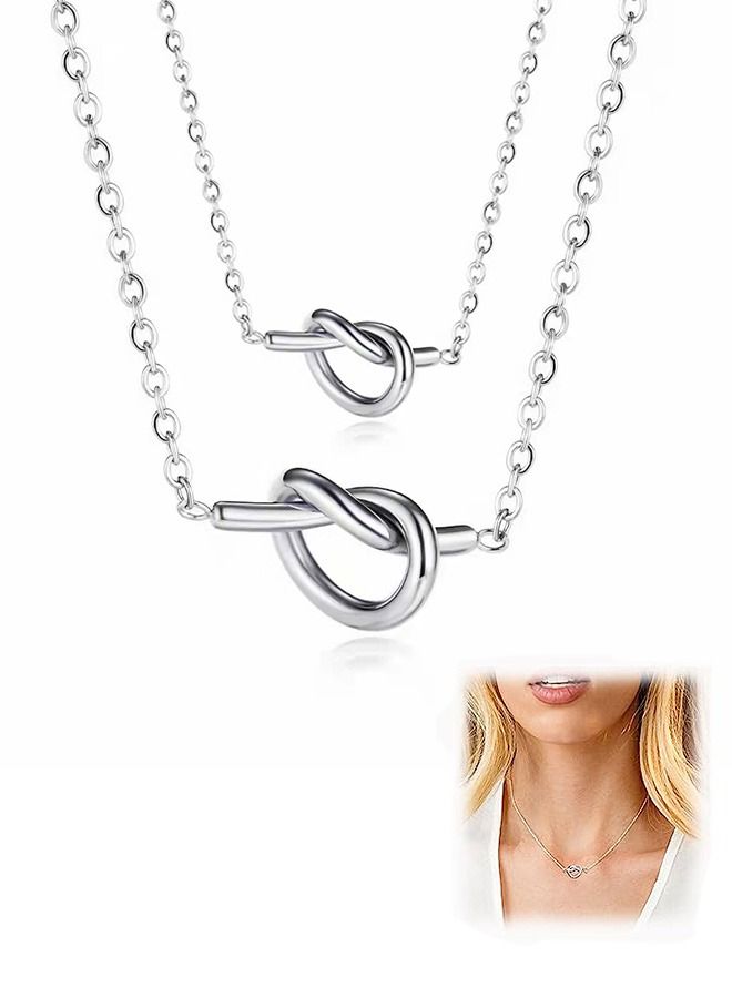 Forever Love Knot Pendant Friendship Necklace, Dainty BFF Stainless Steel Anti Fading Metal Necklace Set, Matching Friends Necklace Jewelry Gift (Silver) - Image 1
