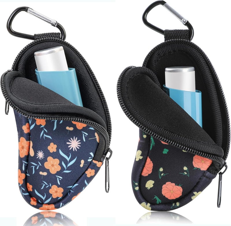 Koikyu Asthma Inhaler Carrying Holder Neoprene Travel Inhaler Mini Bag for L-Shaped Inhaler, Inhaler Not Included (Flower 2PCS)