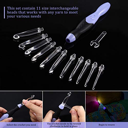 Chuangdi 11 Sizes Lighted Crochet Hooks Set Rechargeable Crochet Hook Light Up Hooks with Case, Interchangeable Heads 2.5 mm to 8 mm for DIY Craft Supplies(Purple-Black) - Image 5