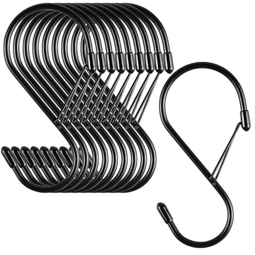 S Hooks for Hanging Plants 4 Inch Large Heavy Duty S Hooks with Safety Buckle Stopper Non Slip 10 Pack Black Metal Closet S Hook for Hanging Clothes Kitchen Utensil Jeans Curtains Towels Bag