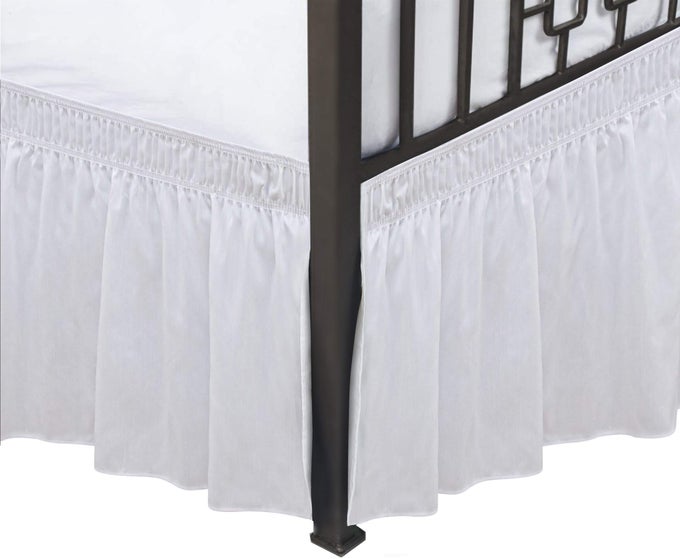 WRAP AROUND BED SKIRTS WITH SPLIT CORNERS FOR FULL BEDS 18 DROP WHITE ADJUSTABLE ELASTIC DUST RUFFLES EASY FIT WRINKLE RESISTANT SILKY LUXURIOUS FABRIC MACHINE WASHABLE