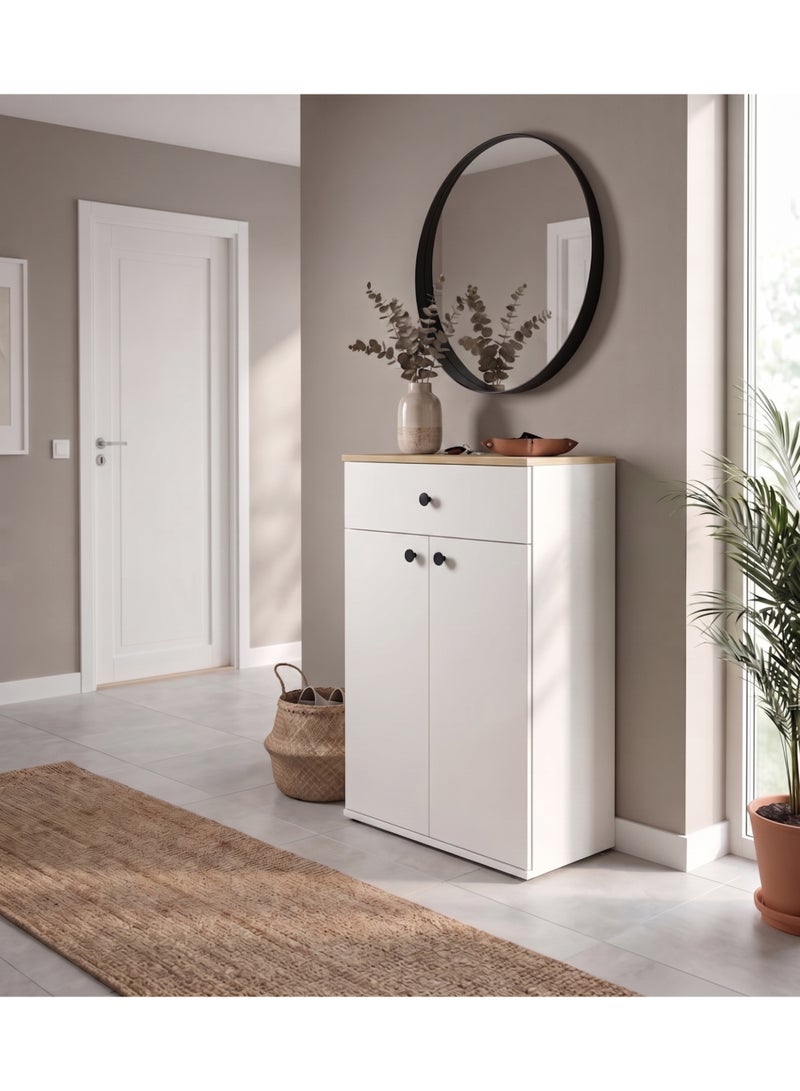 Furniture Store Modern shoe rack/shoe cabinet with a wide drawer and 5 shelves, MDF, in light wood color with white, high-quality finish, from Furniture Store. - Image 1