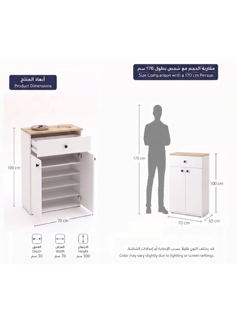 Furniture Store Modern shoe rack/shoe cabinet with a wide drawer and 5 shelves, MDF, in light wood color with white, high-quality finish, from Furniture Store. - Image 3