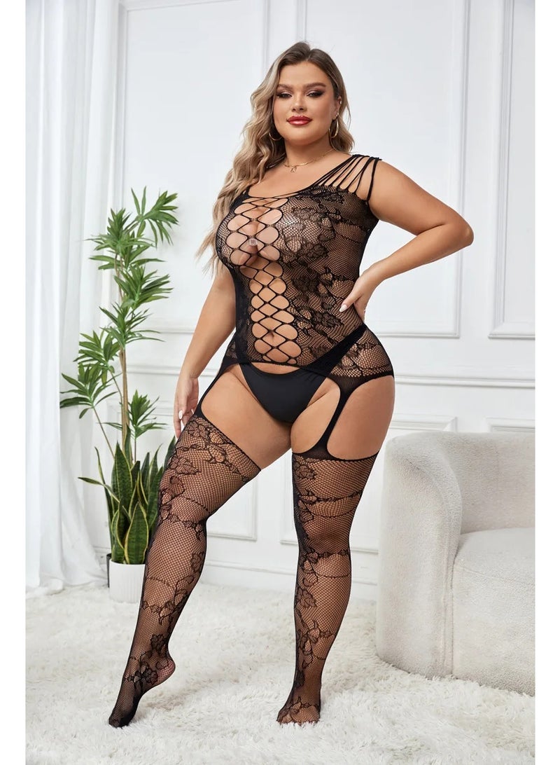 4basix Women’s Body Stocking Lingerie – One-Size Fishnet Mesh Bodystocking Teddy Bodysuit, Stretchy Seamless Babydoll Style Nightwear for Comfortable Fit, Black - Image 1