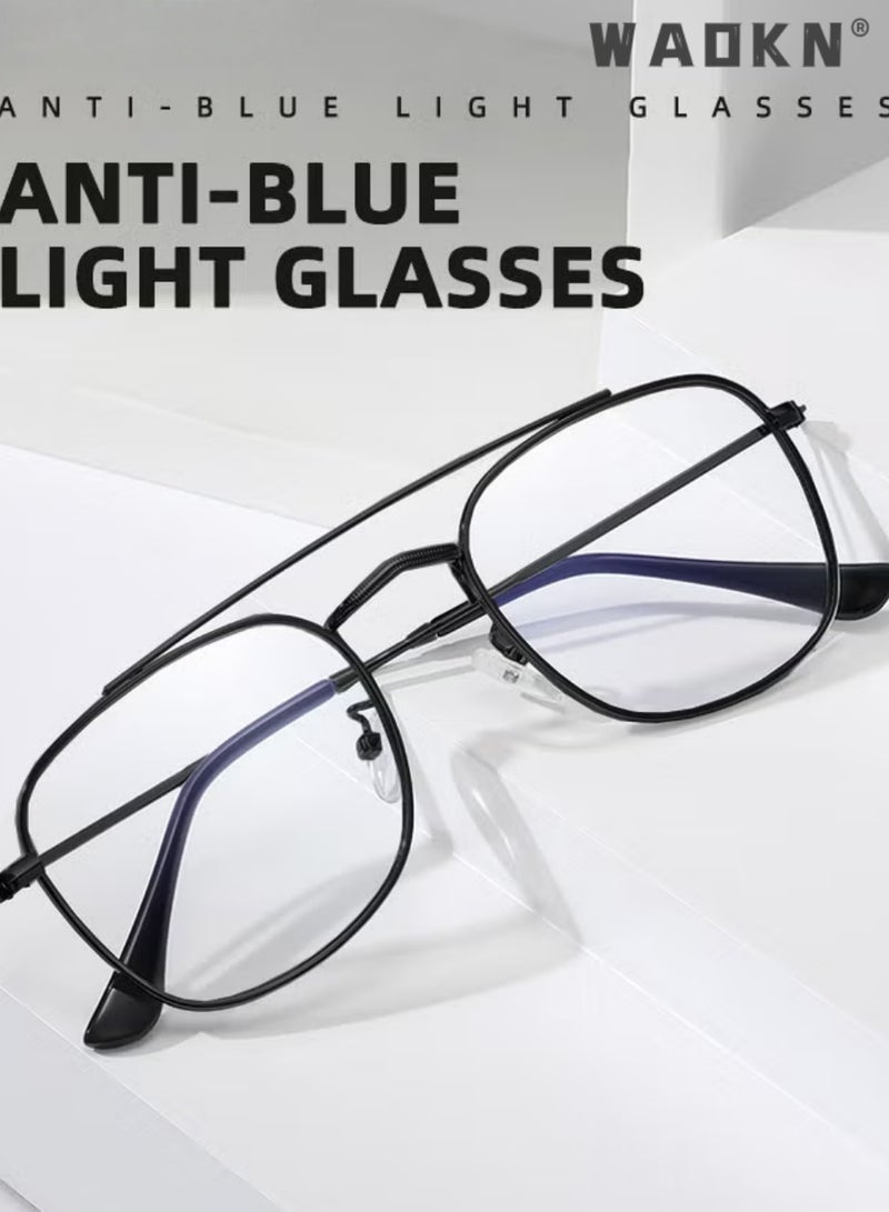 WAOKN Double Bridge Blue Light Blocking Glasses, Full Rim Metal Frame, PC Anti Blue Light Lenses, Prescription Ready Retro Large Optical Frame for Men Women, Anti Eyestrain Computer Gaming Office Eyewear | Black & Gunmetal, BLACK - Image 2
