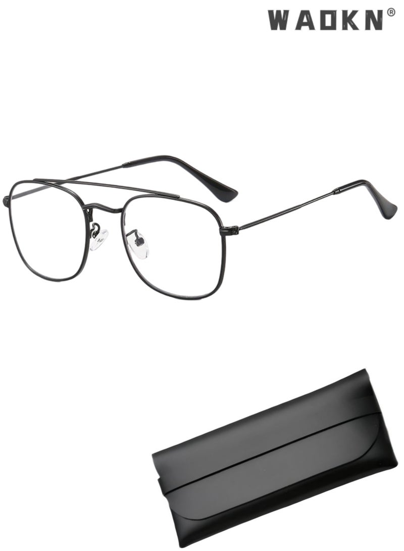 WAOKN Double Bridge Blue Light Blocking Glasses, Full Rim Metal Frame, PC Anti Blue Light Lenses, Prescription Ready Retro Large Optical Frame for Men Women, Anti Eyestrain Computer Gaming Office Eyewear | Black & Gunmetal, BLACK - Image 1