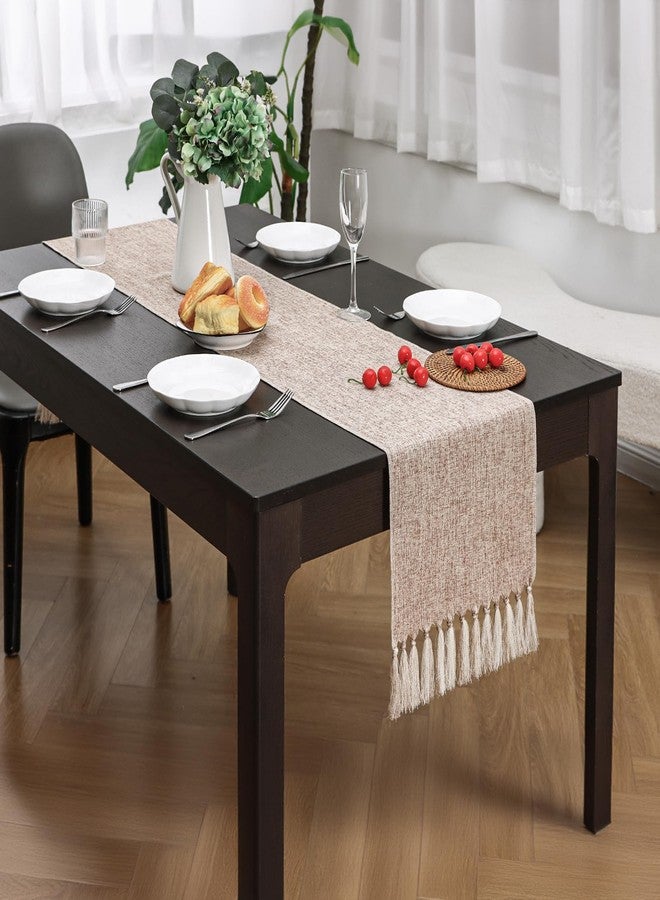 Aofmee Beige Table Runner 36 Inches Long, Burlap Linen Style Farmhouse Dining Room Table Runner for Everyday Use, Short Boho Coffee Table Runner with Tassels for Living Room Dresser Decor, Easy Care - Image 3