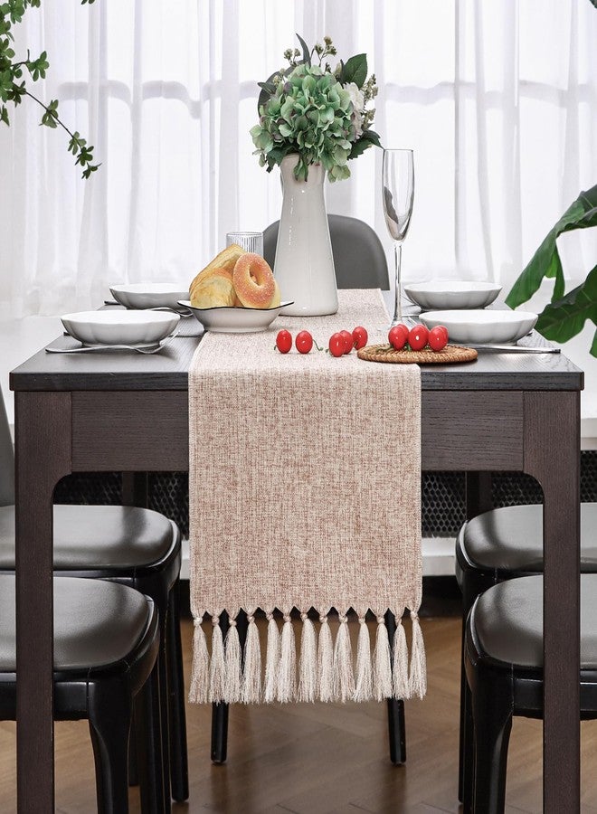 Aofmee Beige Table Runner 36 Inches Long, Burlap Linen Style Farmhouse Dining Room Table Runner for Everyday Use, Short Boho Coffee Table Runner with Tassels for Living Room Dresser Decor, Easy Care - Image 2