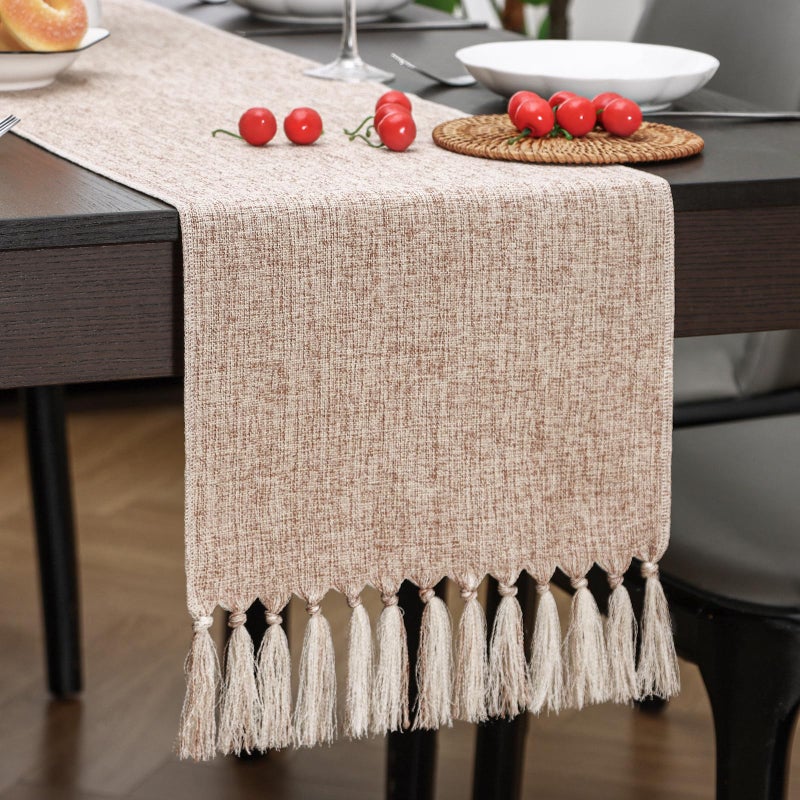 Aofmee Beige Table Runner 36 Inches Long, Burlap Linen Style Farmhouse Dining Room Table Runner for Everyday Use, Short Boho Coffee Table Runner with Tassels for Living Room Dresser Decor, Easy Care - Image 1