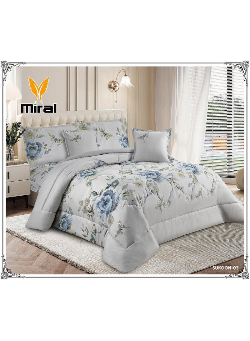 Miral Floral Comforter Set for Double Bed – 6 Pieces – 240×220 cm Quilt – Fitted Sheet 200×200+30 cm
