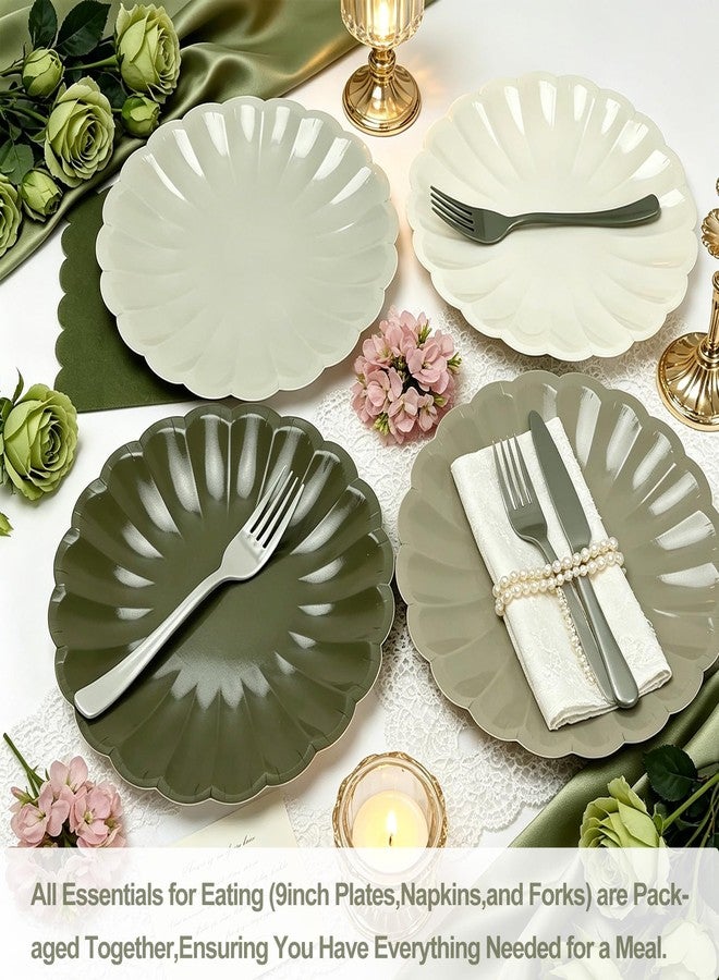 CENLBJ 96Pcs Sage Green Paper Plates and Napkins Party Supplies,Gradient Scalloped 9" Disposable Plates,Napkins Forks Tableware for Birthday Wedding Bridal Baby Shower Decorations,Serves 32 - Image 2