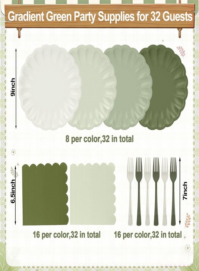 CENLBJ 96Pcs Sage Green Paper Plates and Napkins Party Supplies,Gradient Scalloped 9" Disposable Plates,Napkins Forks Tableware for Birthday Wedding Bridal Baby Shower Decorations,Serves 32 - Image 3