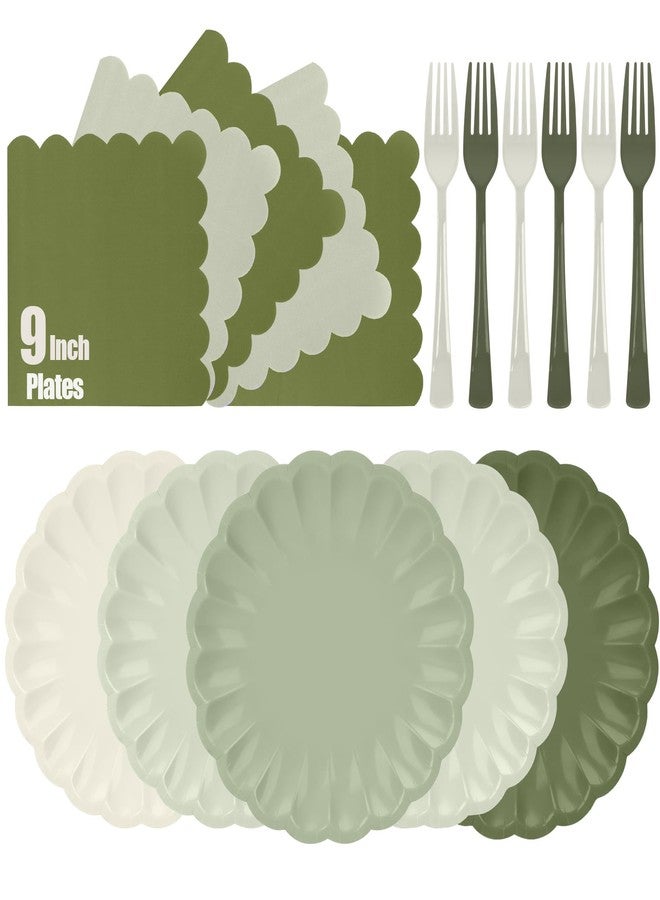 CENLBJ 96Pcs Sage Green Paper Plates and Napkins Party Supplies,Gradient Scalloped 9" Disposable Plates,Napkins Forks Tableware for Birthday Wedding Bridal Baby Shower Decorations,Serves 32 - Image 1