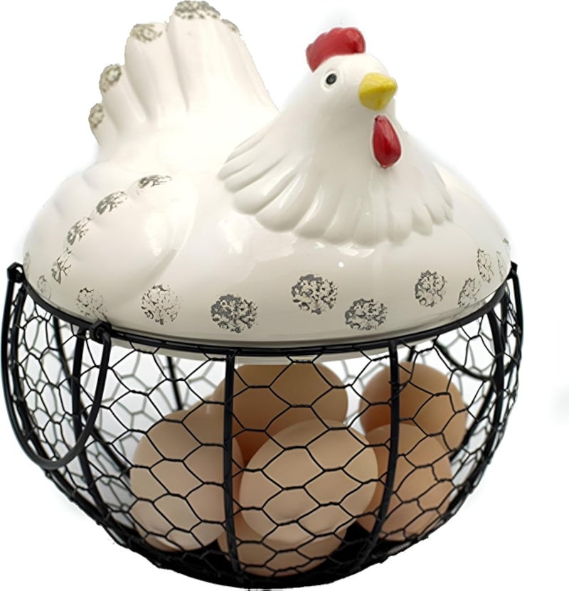 سلة بيض مزخرفة - سلة معدنية على شكل دجاجة بغطاء بلاستيكي لتخزين البيض وتقديمه بشكل أنيق خلال الإفطار والأعياد والمناسبات الاحتفالية