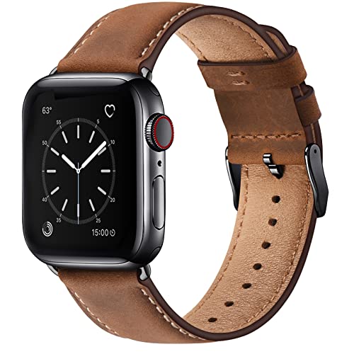SUNFWR Leather Bands Compatible with Apple Watch Band 41mm 40mm 38mm for Men Women, Top Grain Genuine Leather Replacement Strap for iWatch Ultra 2, Ultra, SE2, SE, Series 9 8 7 6 5 4 3 2 1 (Red - Image 1