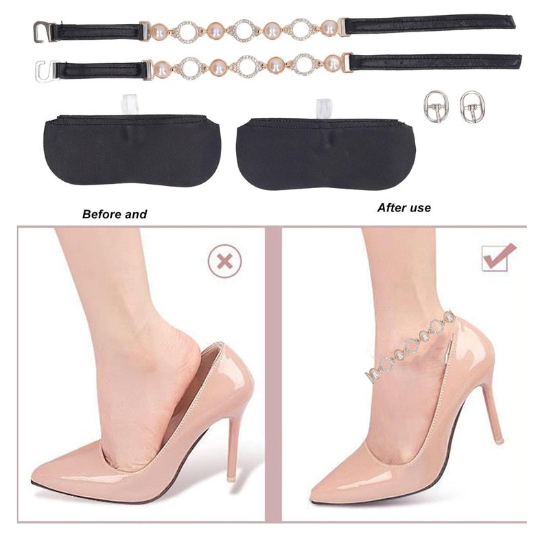 كلاراكو أشرطة أحذية نسائية مرنة قابلة للفصل، أشرطة أحذية بكعب عالٍ من اللؤلؤ الصناعي، أشرطة كاحل فضفاضة مرصعة بأحجار الراين، للنساء، أسود، زوجان - Image 3