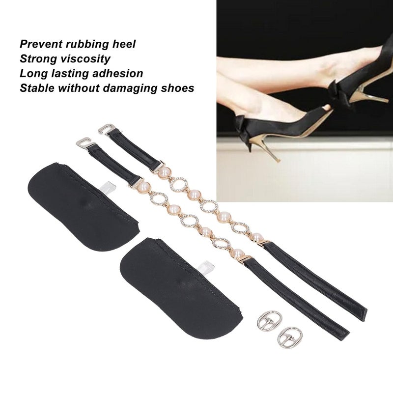 كلاراكو أشرطة أحذية نسائية مرنة قابلة للفصل، أشرطة أحذية بكعب عالٍ من اللؤلؤ الصناعي، أشرطة كاحل فضفاضة مرصعة بأحجار الراين، للنساء، أسود، زوجان - Image 5