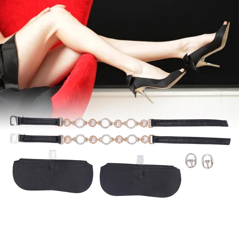 كلاراكو أشرطة أحذية نسائية مرنة قابلة للفصل، أشرطة أحذية بكعب عالٍ من اللؤلؤ الصناعي، أشرطة كاحل فضفاضة مرصعة بأحجار الراين، للنساء، أسود، زوجان - Image 4