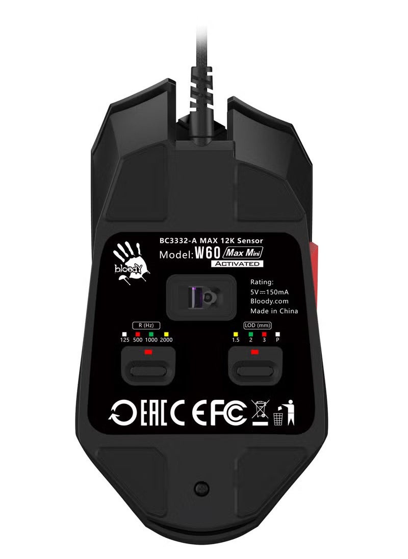 Bloody - W60 Max Mini Gaming Mouse Honeycomb -4 Core Activated – BC3332-A Sensor (12,000 CPI, 8000 FPS，250 IPS, and 35G acc ) – Self-Customize RGB Animation – 4 Types LOD Setting Switch – 2000 Hz Report Rate – 4M onboard memory For Macro – Removable Extra Shell And FREE Anti-sweat grip tapes - Image 1