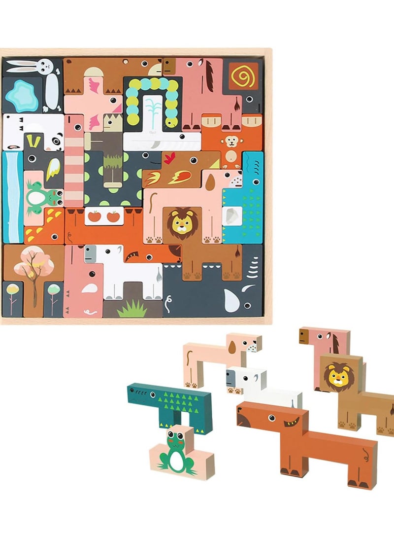 AUTOYSUR لعبة تركيب مكعبات خشبية ولوحة تجميعية وألعاب ألغاز تعليمية للأطفال والكبار - حيوانات - Image 1