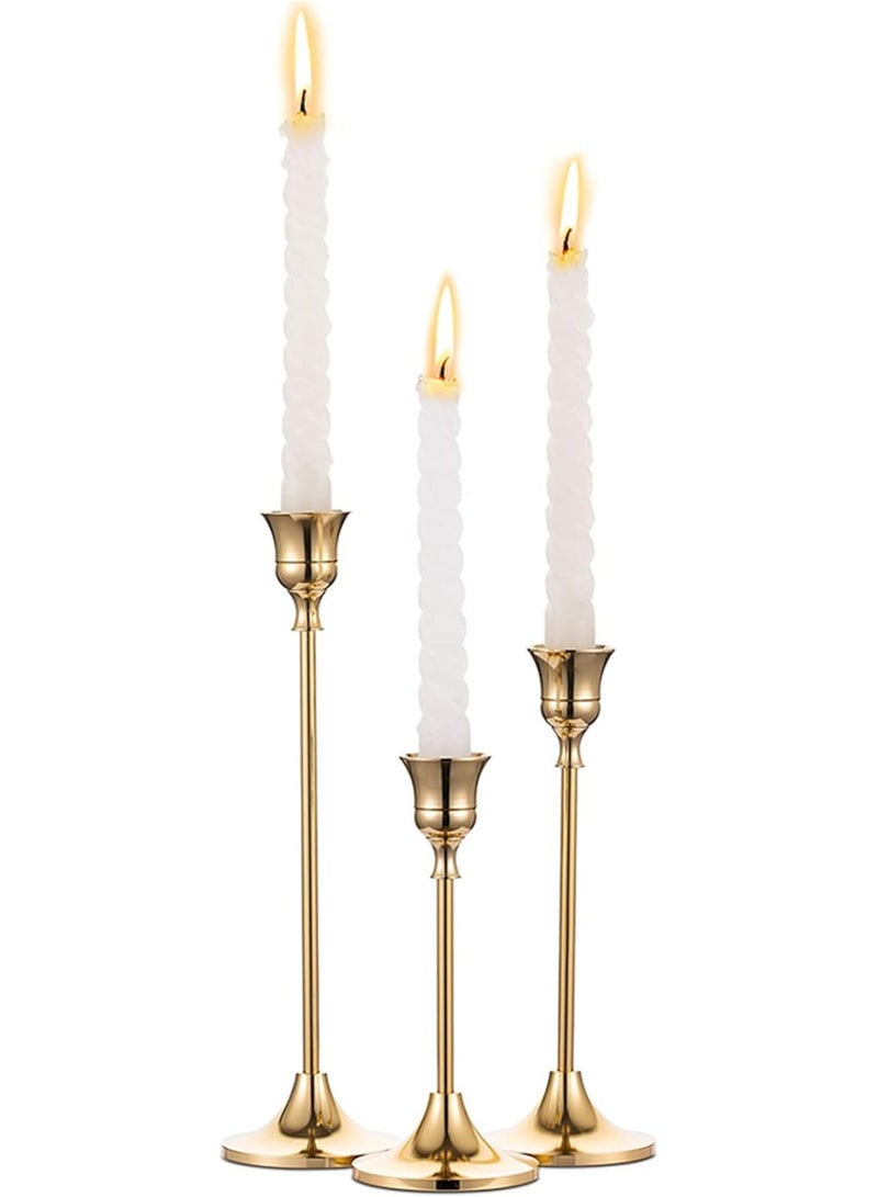 NUPTIO Candlestick Holders Taper Candle Holders, Set of 3 Candle Stick Holders Set, Brass Gold Candlestick Holder Set, Vintage Modern Decorative Centerpiece for Table Mantel Wedding Housewarming Gift - Image 1
