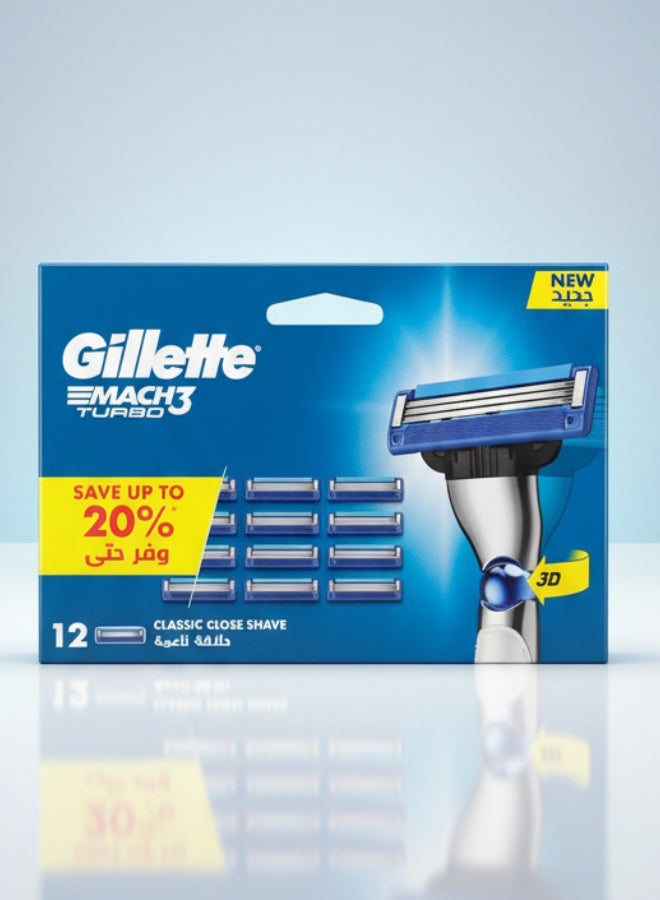 Gillette Mach 3 Turbo Replacement Blades Pack of 12 Sharp Durable Comfort Shaving Blades for Men Compatible with Mach 3 Razor