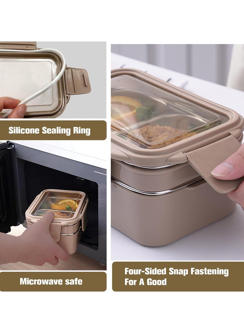 AUTOYSUR Bento Box, Lunch Box, 2 Tier Stainless Steel Bento Lunch Box with 3 Compartments and Cutlery (Spoon & Fork) for Kids and Adults, Leakproof | BFA Free | Allow Dishwasher 1000ml (Khaki) - Image 3