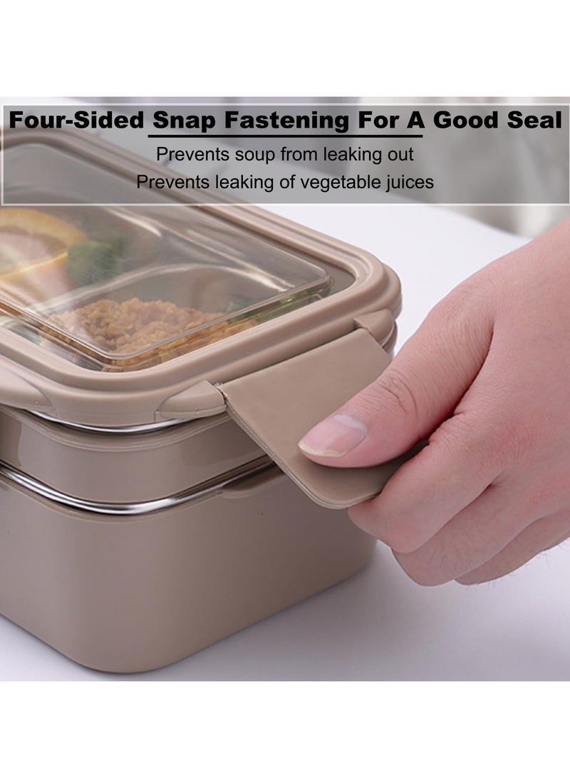 AUTOYSUR Bento Box, Lunch Box, 2 Tier Stainless Steel Bento Lunch Box with 3 Compartments and Cutlery (Spoon & Fork) for Kids and Adults, Leakproof | BFA Free | Allow Dishwasher 1000ml (Khaki) - Image 4