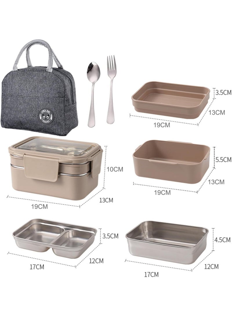 AUTOYSUR Bento Box, Lunch Box, 2 Tier Stainless Steel Bento Lunch Box with 3 Compartments and Cutlery (Spoon & Fork) for Kids and Adults, Leakproof | BFA Free | Allow Dishwasher 1000ml (Khaki) - Image 2