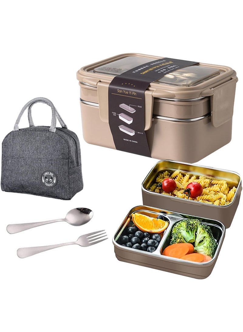 AUTOYSUR Bento Box, Lunch Box, 2 Tier Stainless Steel Bento Lunch Box with 3 Compartments and Cutlery (Spoon & Fork) for Kids and Adults, Leakproof | BFA Free | Allow Dishwasher 1000ml (Khaki) - Image 1