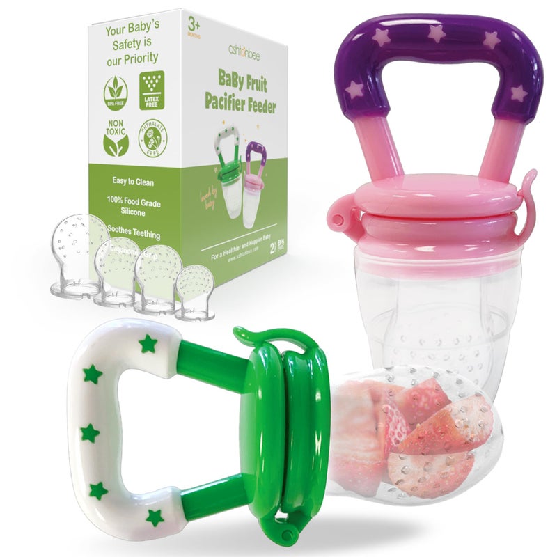 ashtonbee Baby Fruit Feeder, Teething Pacifier for Fruits, Veggies, or Frozen Milk, Food-Grade Silicone Teethers for Babies 6-12 Months, Baby Essentials for Teething Relief - Apple Green and Lychee Pink - Image 1