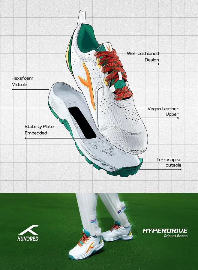 HUNDRED Hundred HyperDrive Cricket Shoes | TerraSpike Rubber Studs | Embedded Support Plate for Stability | Lightweight & Durable | Ideal for Turf, Ground & Hard Surfaces (White/ Lt Green/Orange ; UK 10)