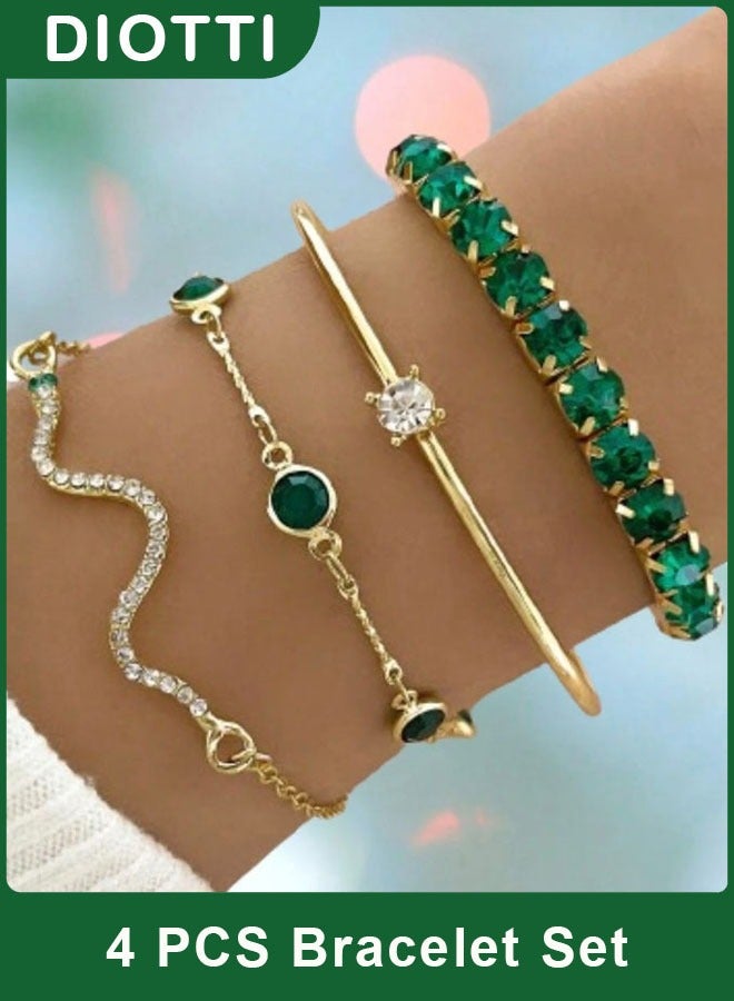 ديوتي مجموعة من 4 قطع من الأساور العصرية بتصميم ثعبان مرصع بأحجار الراين باللون الأخضر (النمط 1) - Image 1