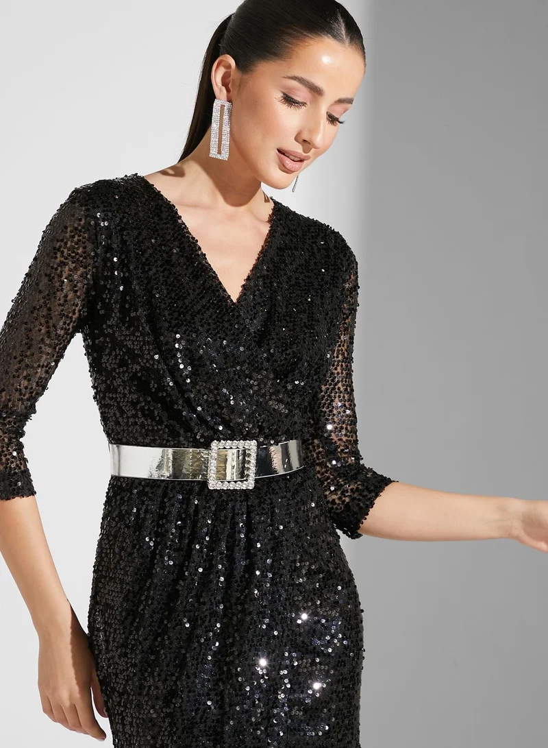 Namshi X Hadia Ghaleb Hadia Ghaleb Sequined Surplice Neck Dress
