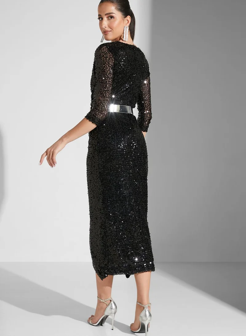 Namshi X Hadia Ghaleb Hadia Ghaleb Sequined Surplice Neck Dress