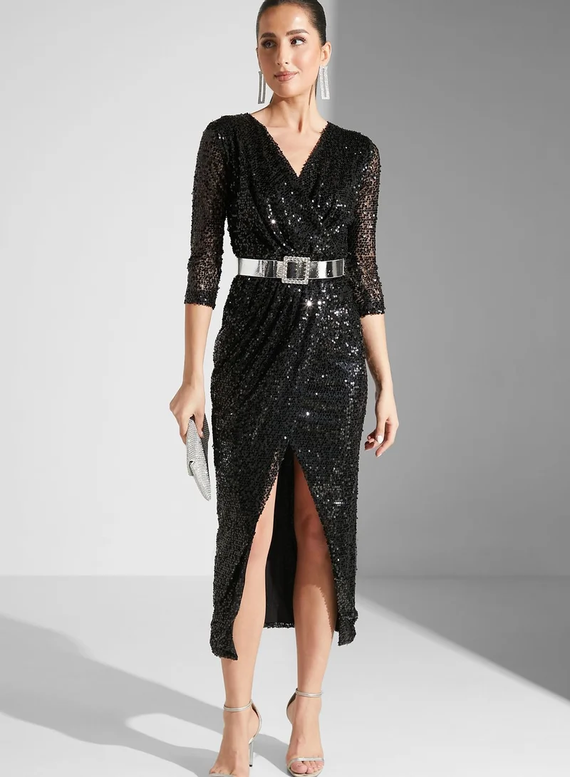 Namshi X Hadia Ghaleb Hadia Ghaleb Sequined Surplice Neck Dress