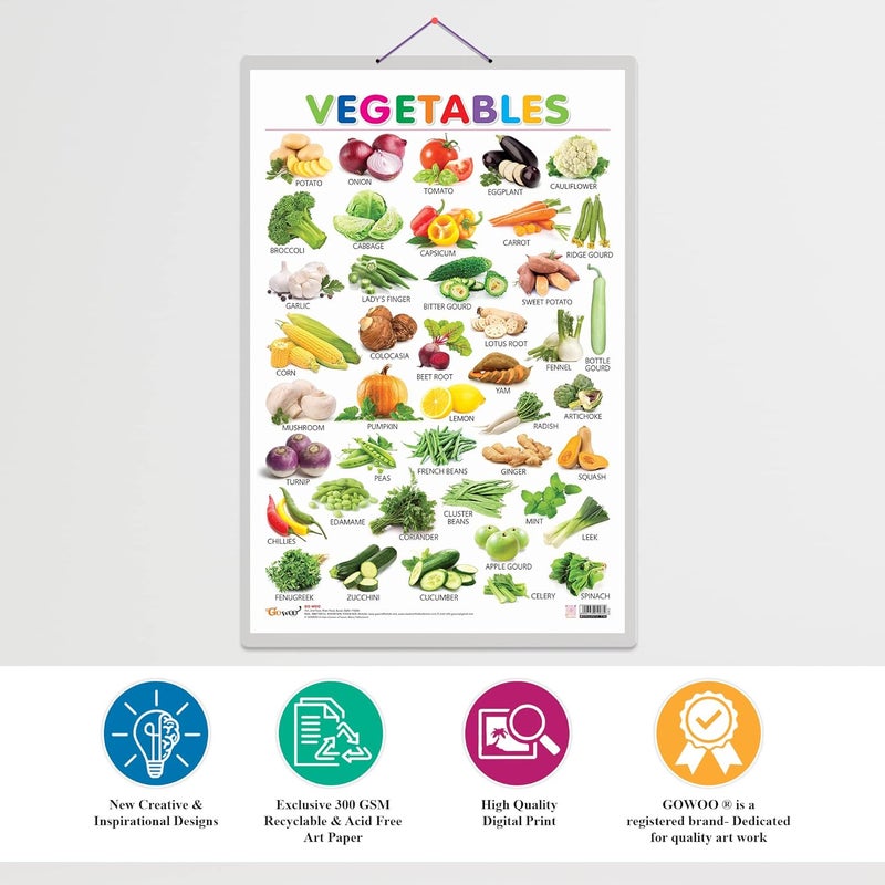 GoWoo Set of 3 Alphabet, Fruits and Vegetables Early Learning Educational Charts for Kids | 20"X30" inch |Non-Tearable and Waterproof | Double Sided Laminated | Perfect for Homeschooling, Kindergarten and Nursery Students - Image 4