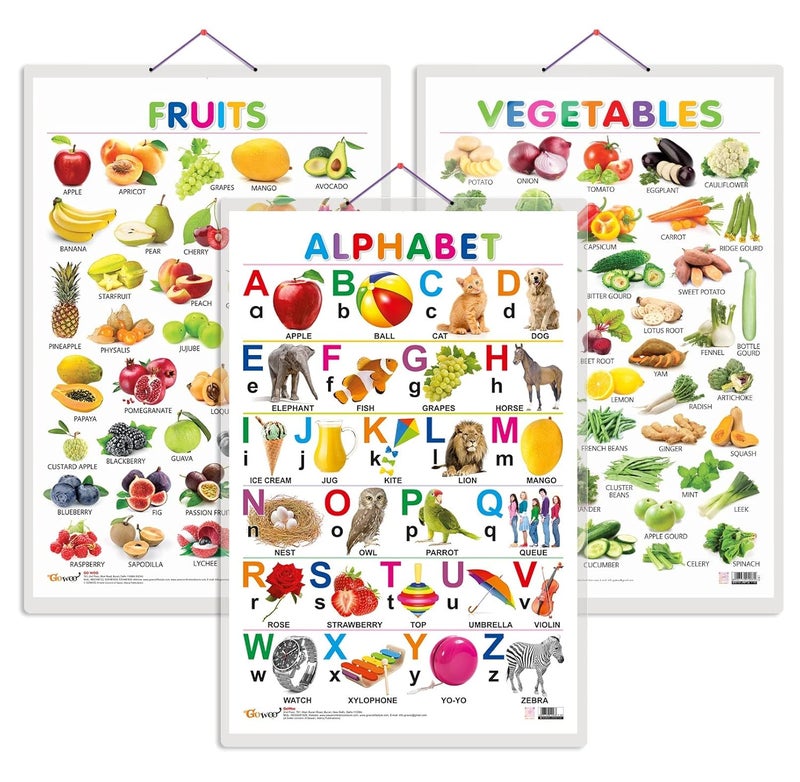 GoWoo Set of 3 Alphabet, Fruits and Vegetables Early Learning Educational Charts for Kids | 20"X30" inch |Non-Tearable and Waterproof | Double Sided Laminated | Perfect for Homeschooling, Kindergarten and Nursery Students - Image 1