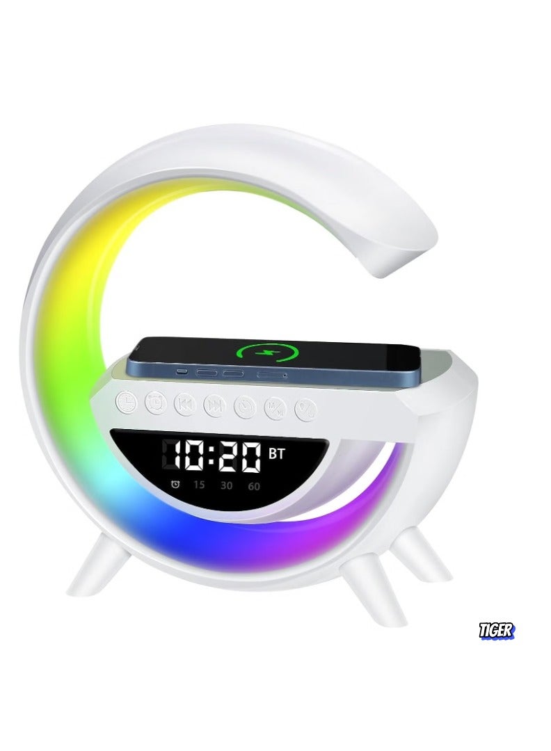 TIGER Atmosphere Lamp with 15W Wireless Charger, LED Alarm Clock, Dimmable Ambient Light, Smart Table Lamp with Bluetooth Speaker, Dazzling Running Lights, Multiple Modes for Office, Bedroom, Adults & Kids (White) - Image 1