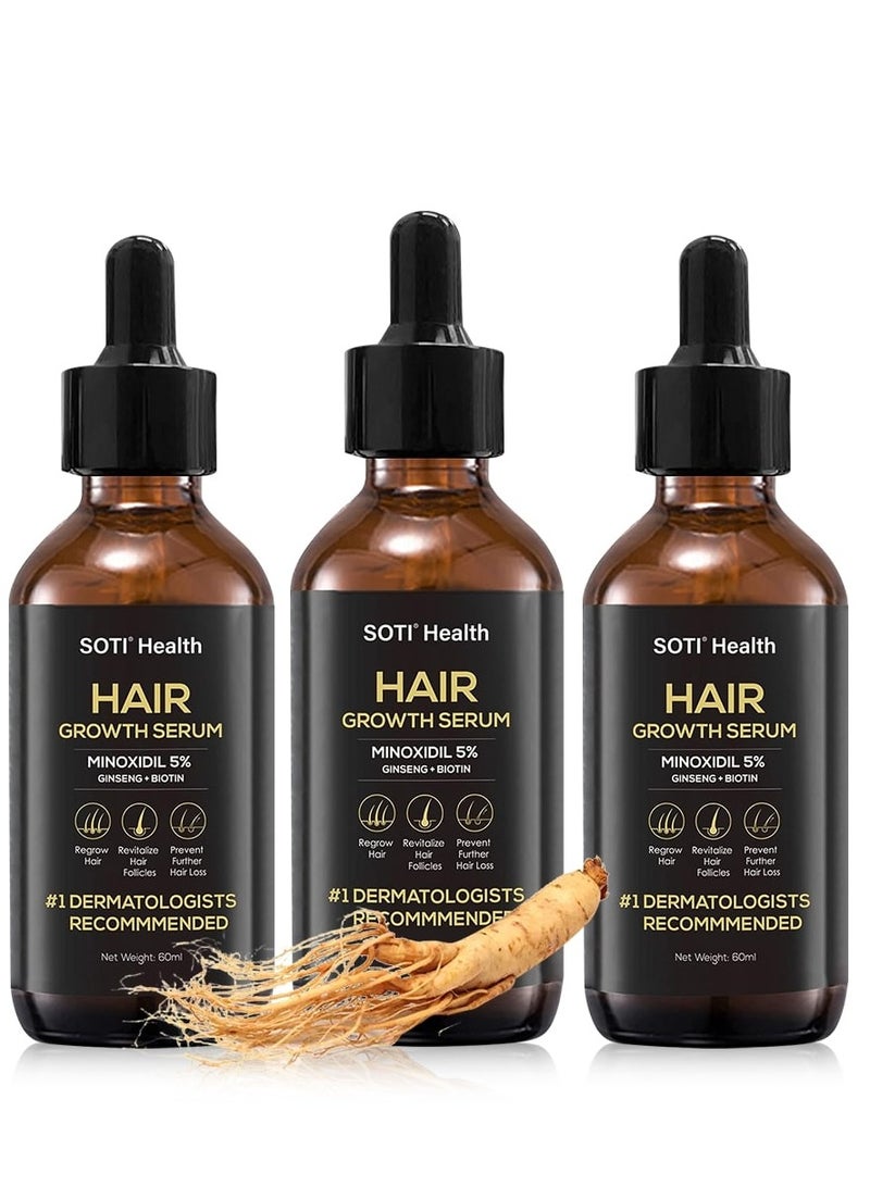 سوتي مصل Soti مينوكسيديل 5% لنمو الشعر، مصل إعادة نمو الشعر لحالات تساقط الشعر 60 مل. صنع في الولايات المتحدة الأمريكية! ينصح به أطباء الأمراض الجلدية. تركيبة الجنسنغ والبيوتين فائقة القوة (3 عبوات) - Image 1