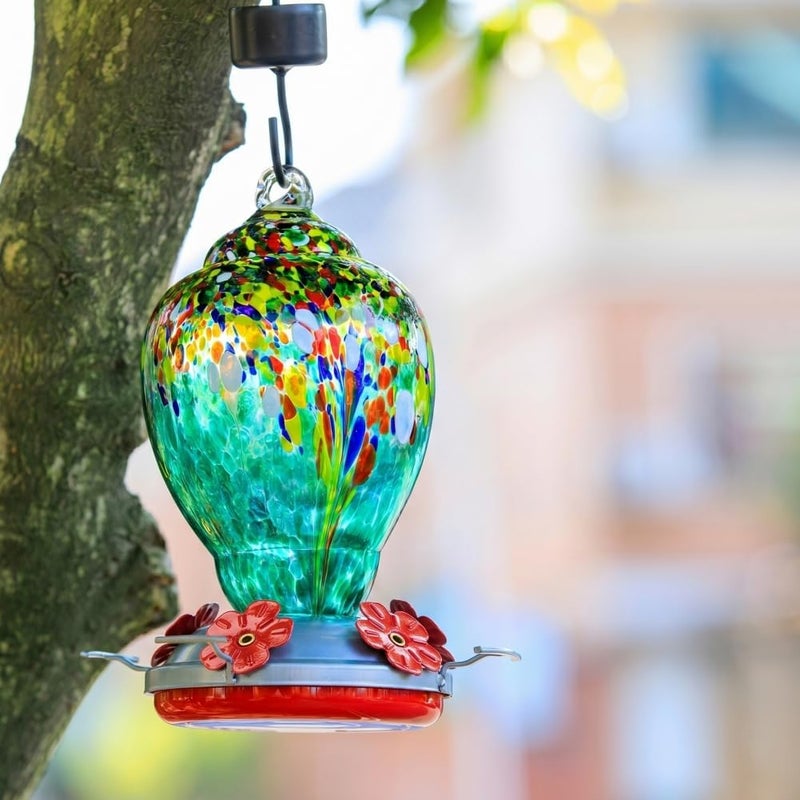 WOSIBO Hummingbird Feeder for Outdoors Patio Large 32 Ounces Colorful Hand Blown Glass Hummingbird Feeder with Ant Moat Hanging Hook, Rope, Brush and Service Card (Yellow) - Image 5
