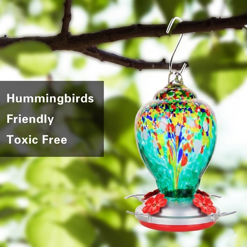 WOSIBO Hummingbird Feeder for Outdoors Patio Large 32 Ounces Colorful Hand Blown Glass Hummingbird Feeder with Ant Moat Hanging Hook, Rope, Brush and Service Card (Yellow) - Image 3