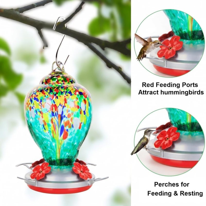 WOSIBO Hummingbird Feeder for Outdoors Patio Large 32 Ounces Colorful Hand Blown Glass Hummingbird Feeder with Ant Moat Hanging Hook, Rope, Brush and Service Card (Yellow) - Image 2
