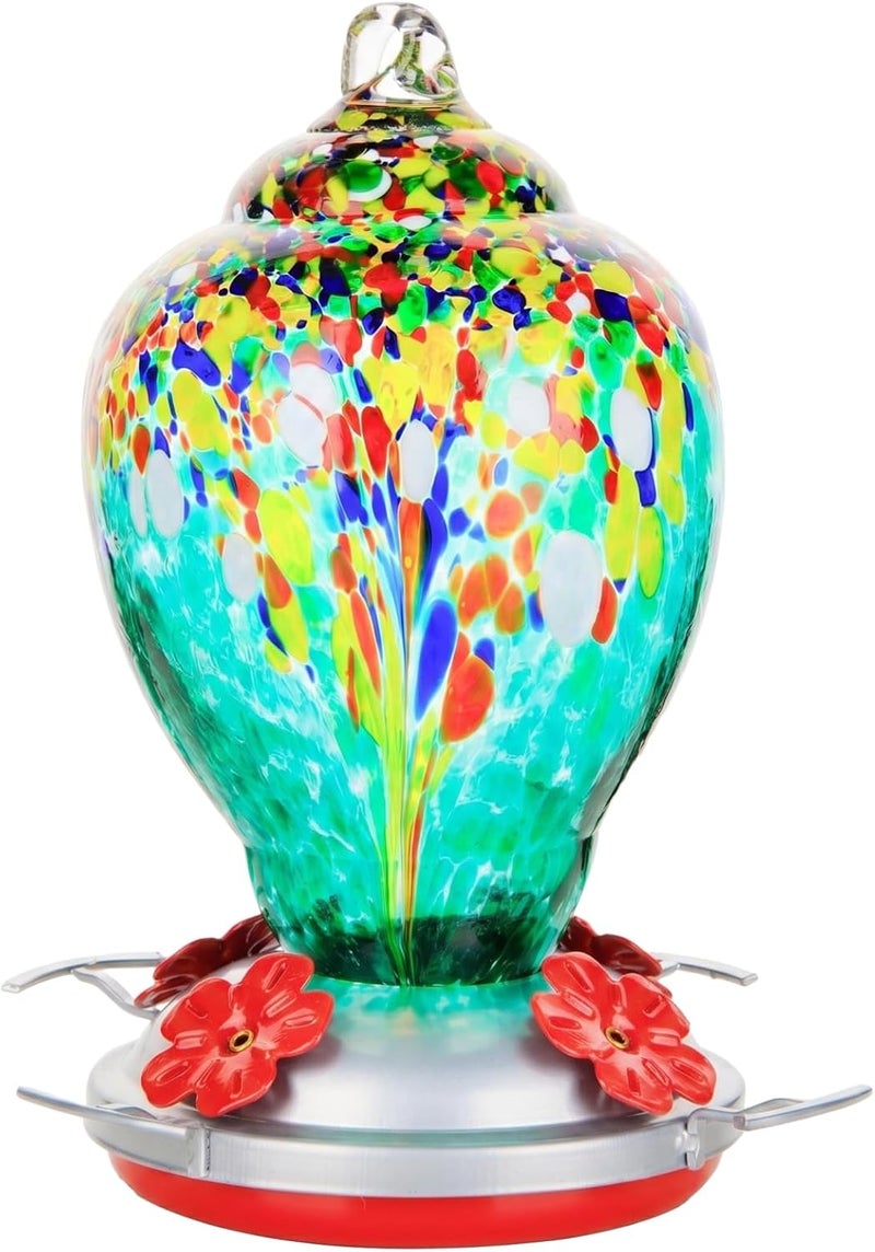 WOSIBO Hummingbird Feeder for Outdoors Patio Large 32 Ounces Colorful Hand Blown Glass Hummingbird Feeder with Ant Moat Hanging Hook, Rope, Brush and Service Card (Yellow) - Image 1