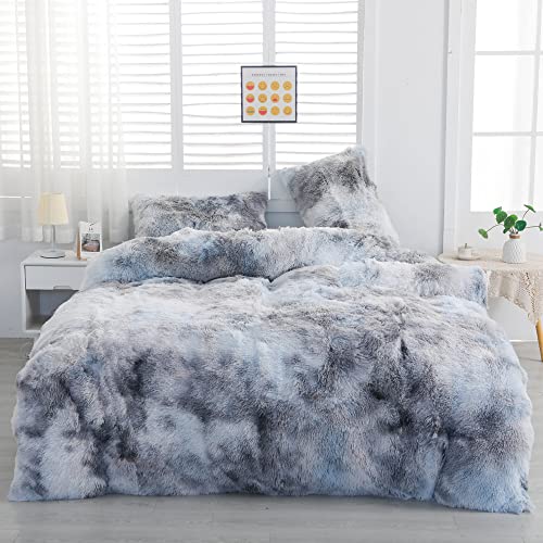 chovy Faux Fur Tie-Dyed Black White Gray Colorful Comforter Sets Queen - 3PC Bed Set Ultra Soft Plush Flannel Velvet Fluffy Fuzzy Bedding（Comforter x 1 Pillowcases x 2） - Image 1