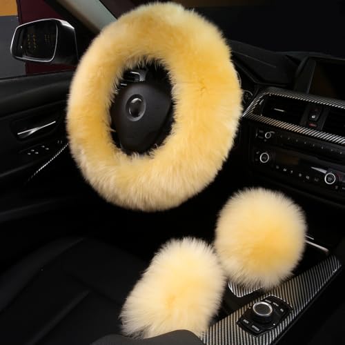 AOGELAN 3Pcs Set Fashion Fluffy Fuzzy Wool Fur Soft Car Steering Wheel Cover with Handbrake Cover & Gear Shift Cover for Women/Girls/Ladies Auto Long Wool Accessories - Image 1