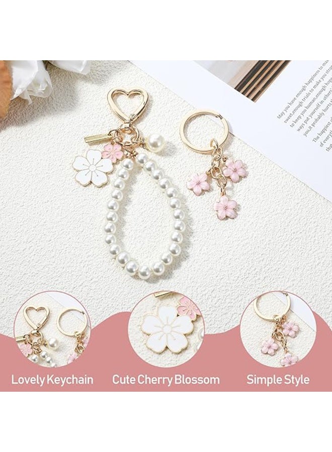 2pcs Cute Pearl Keychain for Women, Flower Keychain Kit Pearl Chain Key Chain, Golden Car Key Chain Pearl Wristlet Keyring Charm for Girls Purse Bag Accessories - Image 2